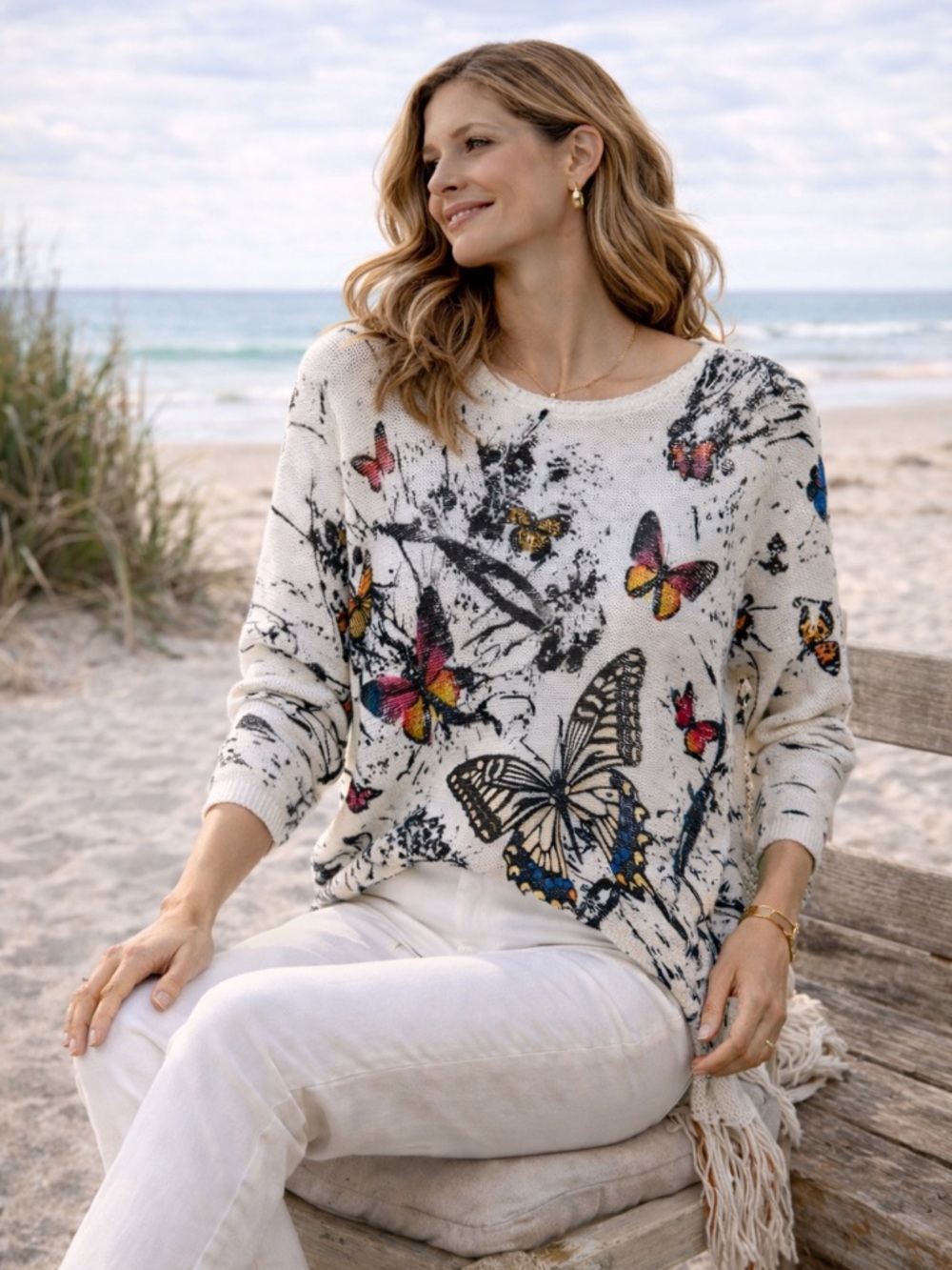 Luisa Ricci Italy Butterfly Print Dolman Sleeve Knit Sweater Top L